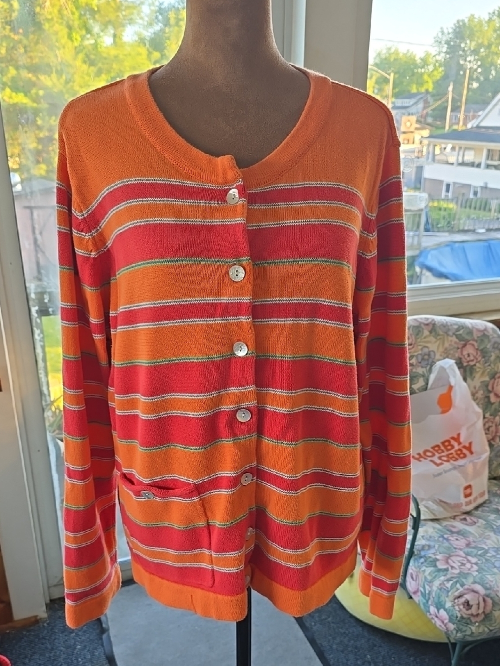 Orvis Orange Striped Button-Up Women's Sweater Cardigan Summer Large